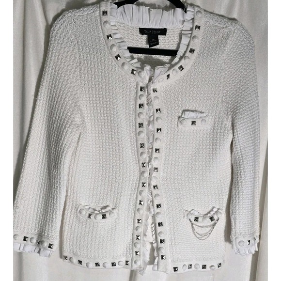 White‎ House Black Market Metallic Tweed Knit Fringe Blazer Jacket Sz M - Picture 1 of 7
